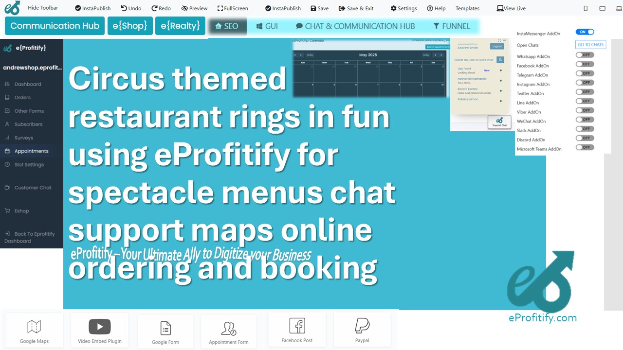Circus themed restaurant rings in fun using eProfitify for spectacle menus chat support maps online ordering and booking